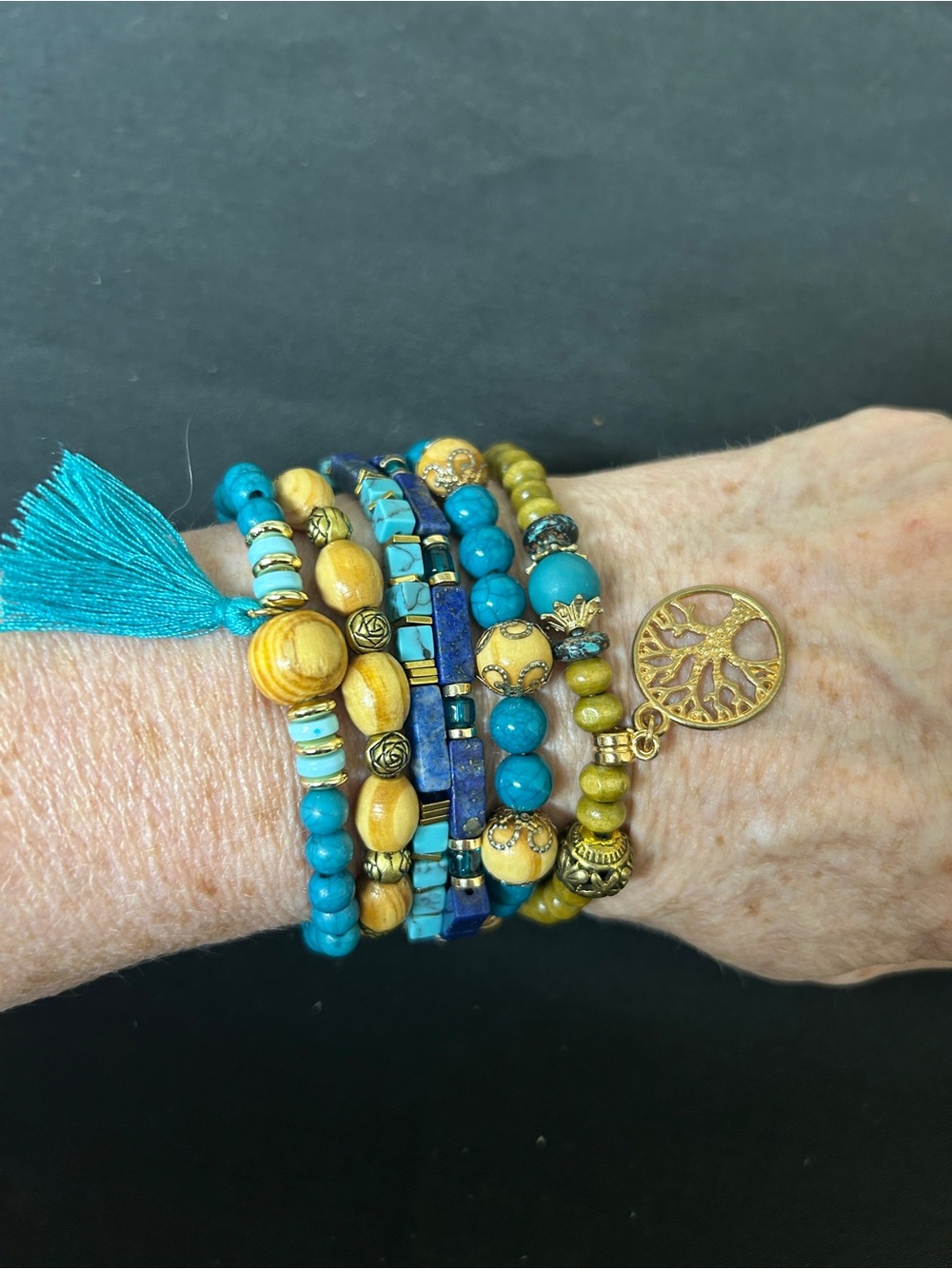 Turquoise & lapis lazuli blue stones Bracelet Set with Gold Tree Charm